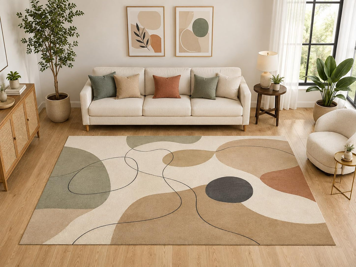 ICE ARMOR "Ultra Light Weight Large 6'7" x 9'10" Modern Abstract Line Area Rug, Soft Low Pile Indoor Rug and Non-Slip Silicone Backing for Living Room Office, Beige Olive
