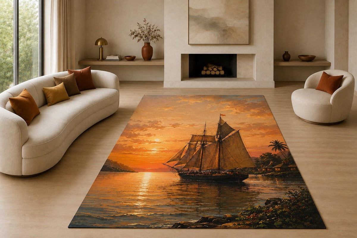 ICE ARMOR "Ultra Lightweight Large 6'7" x 9'10" Sailing Ship Sunset Area Rug for Living Room, Bedroom and Home Office, Soft Low Pile Carpet with Non-Slip Silicone Backing, Orange and Brown