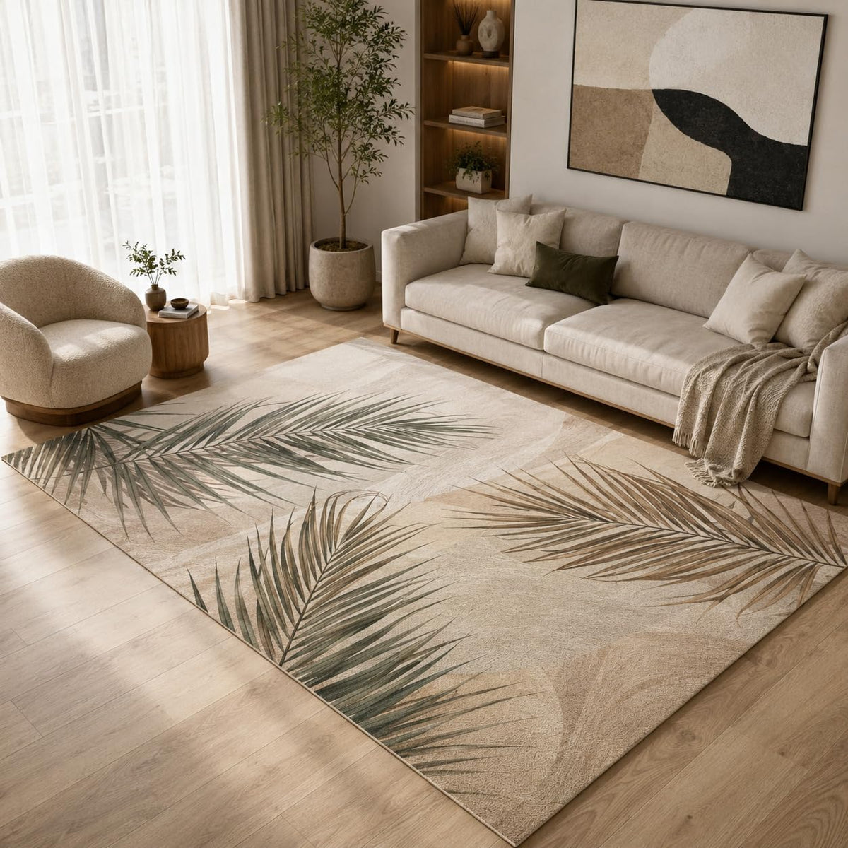 ICE ARMOR 5' x 7' Tropical Palm Leaf Area Rug Soft Low Pile Indoor Rug with Non-Slip Silicone Backing Botanical Coastal Carpet for Living Room Bedroom Dining Room Office Family Room Beige Green