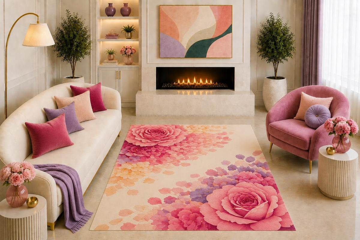 ICE ARMOR "Ultra Light Weight 5' x 7' Pink Rose Floral Area Rug Romantic Botanical Blossom Art Peach Lavender for Living Room Bedroom Girls Room Nursery Non-Slip Silicone Backing Low Pile