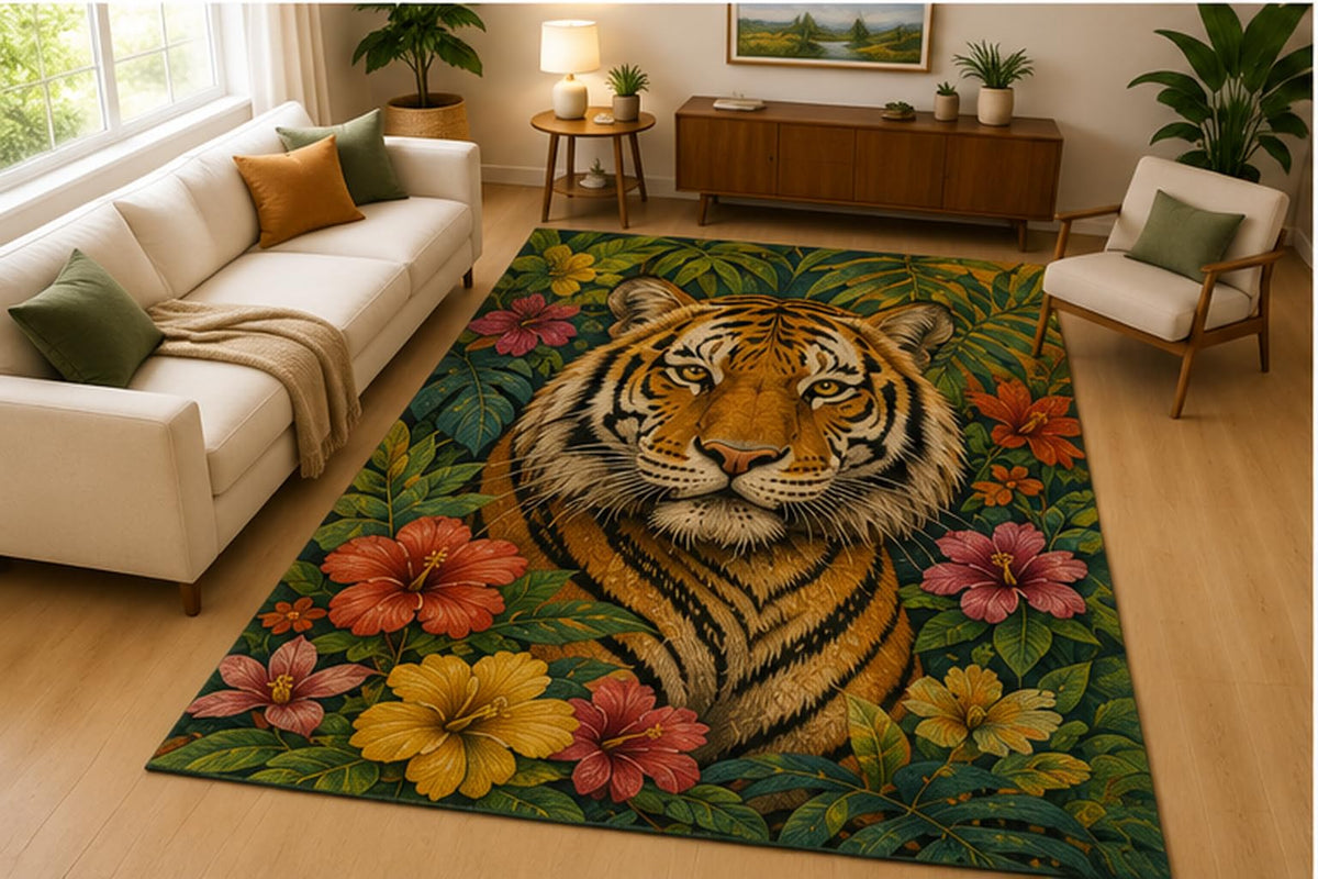 ICE ARMOR 5' x 7' Tiger Tropical Floral Area Rug Soft Low Pile Indoor Rug with Non Slip Silicone Backing Jungle Animal Decor Carpet for Living Room Bedroom Office Family Room Green