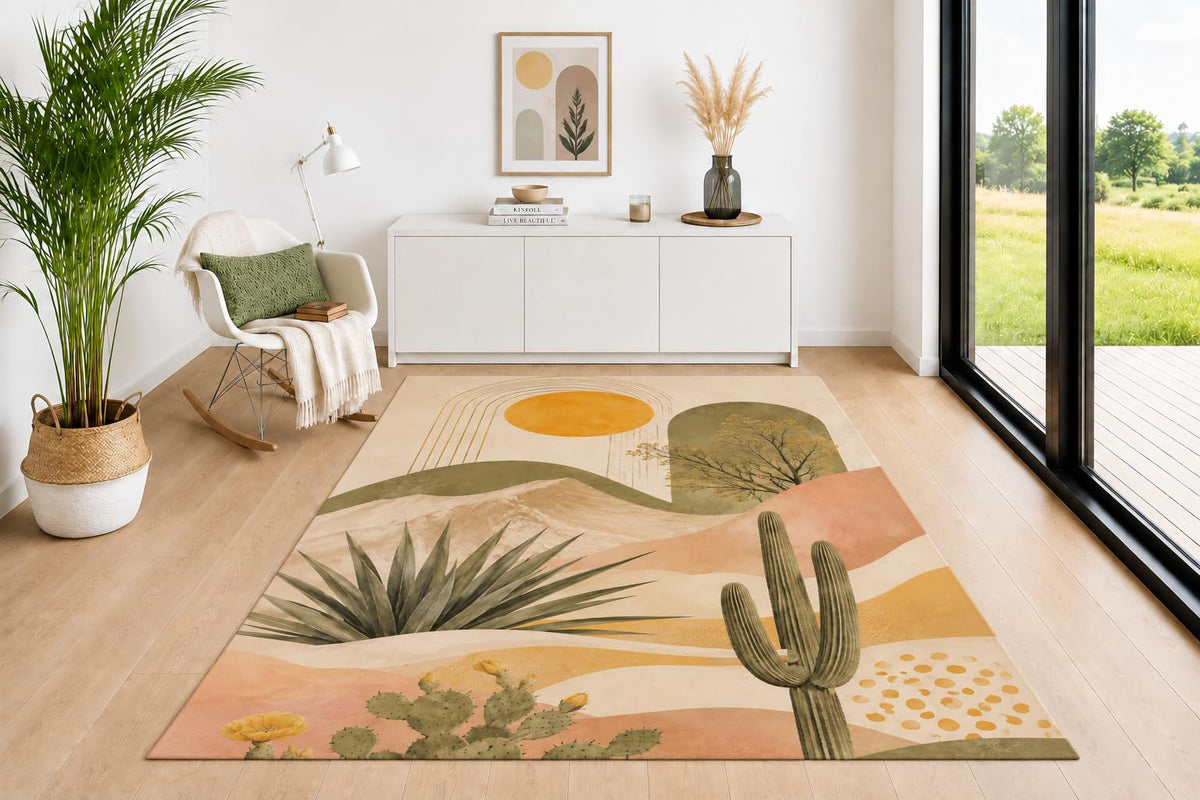 ICE ARMOR 5' x 7' Desert Area Rug, Southwestern Cactus Sun Botanical Print, Neutral Sage Green Terracotta Beige Floor Carpet for Living Room Bedroom Dining Room Nursery
