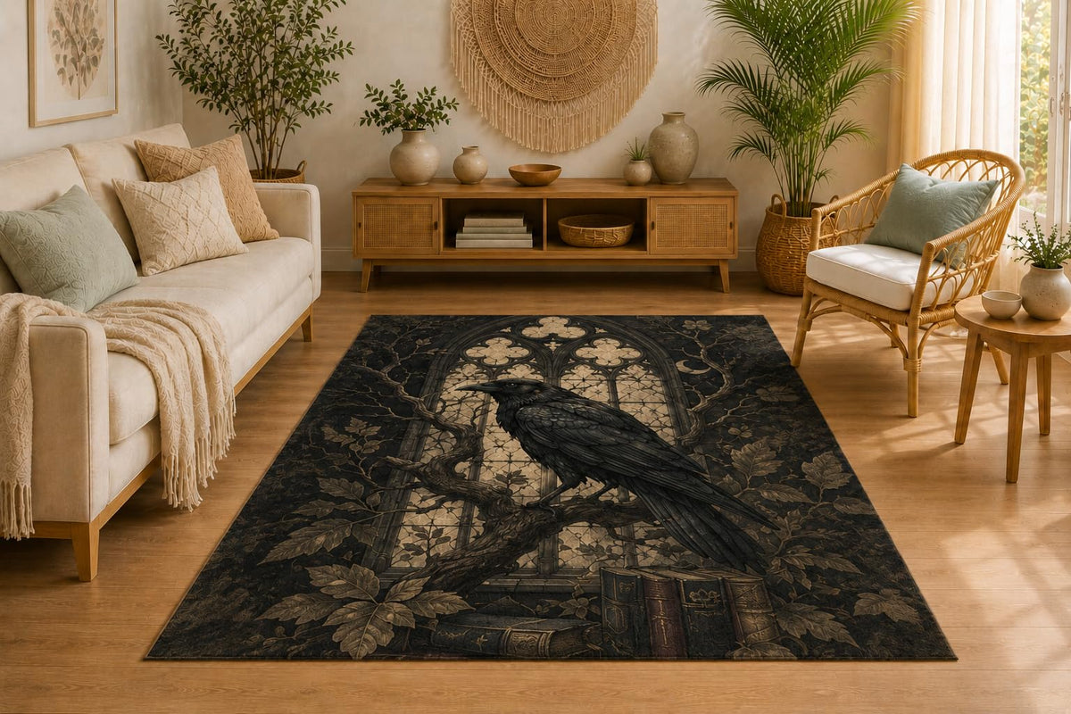 ICE ARMOR 5' x 7' Gothic Raven Area Rug, Soft Low Pile Indoor Rug with Non-Slip Silicone Backing, Decorative Carpet for Living Room, Bedroom, Dining Room, Office, Dark Academia Decor