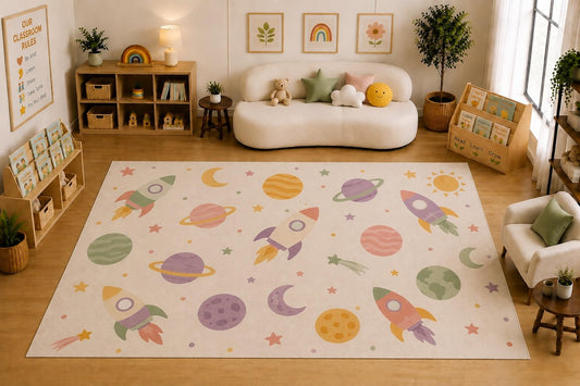 ICE ARMOR Large 6'7" x 9'10" Space Rockets and Planets Area Rug for Kids Room, Classroom, Bedroom, Playroom Decor, Soft Low Pile Indoor Rug with Non-Slip Silicone Backing, Cream Multicolor