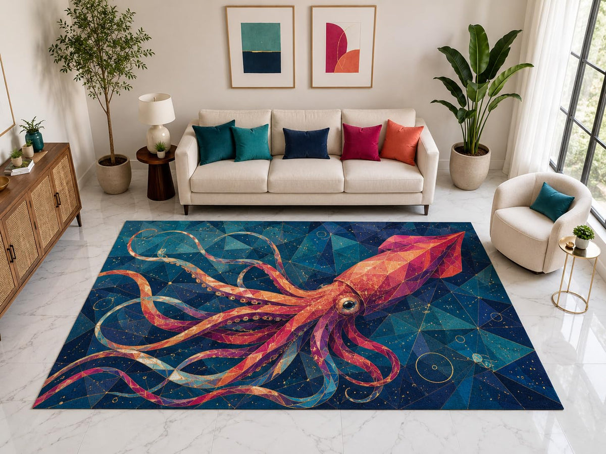 ICE ARMOR "Ultra Light Weight Large 6'7" x 9'10" Geometric Squid Rug, Soft Low Pile Indoor Rug, Non-Slip Silicone Backing for Living Room Blue