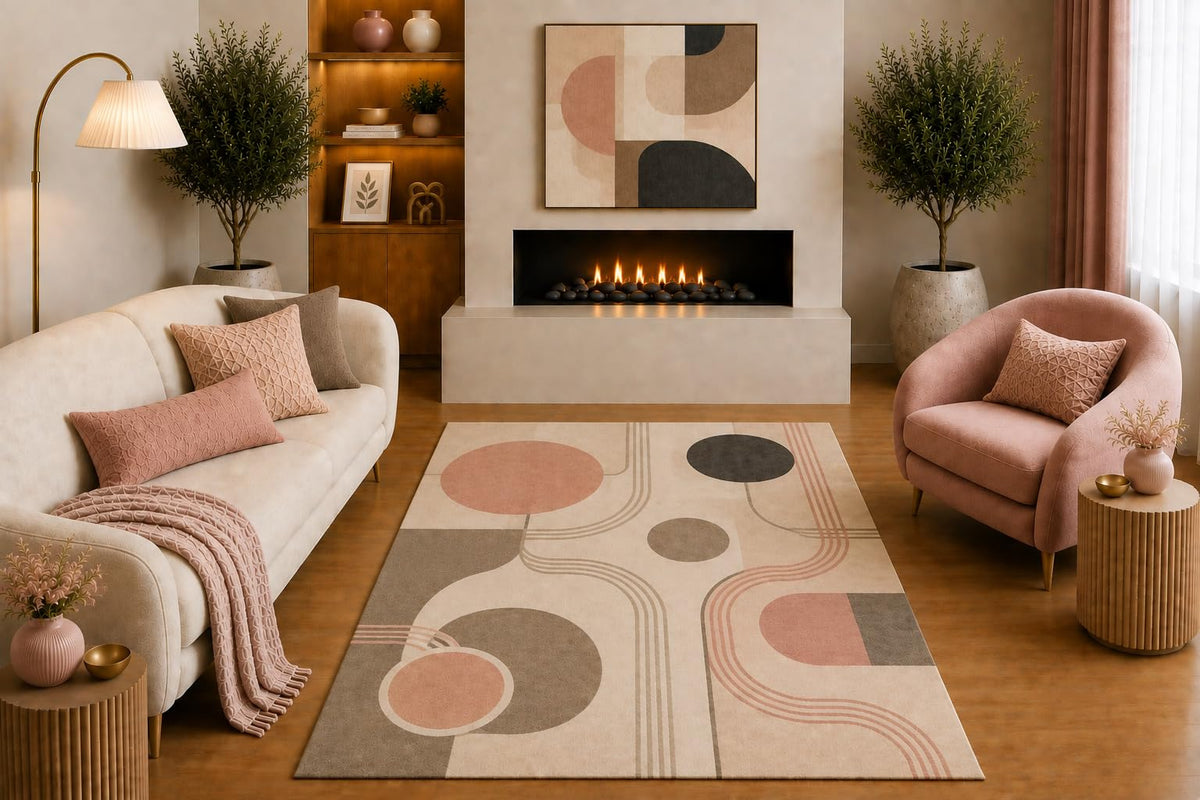 ICE ARMOR "Ultra Light Weight 5' x 7' Mid Century Modern Area Rug Blush Pink Beige Taupe Abstract Circle Curved Line Design for Living Room Bedroom Office Non-Slip Silicone Backing Low Pile