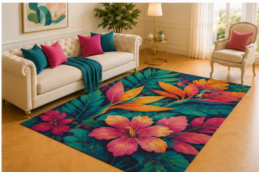 ICE ARMOR 5' x 7' Tropical Hibiscus Rug, Vivid Teal Leaves with Coral and Magenta Blooms, Bold Botanical Floor Decor for Living Room, Bedroom or Sunroom