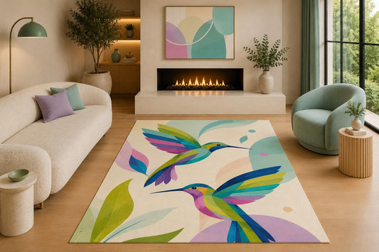 ICE ARMOR 5' x 7' Colorful Hummingbird Area Rug Modern Bird Nature Art Botanical Living Room Bedroom Kids Room Decor Non-Slip Silicone Backing Low Pile