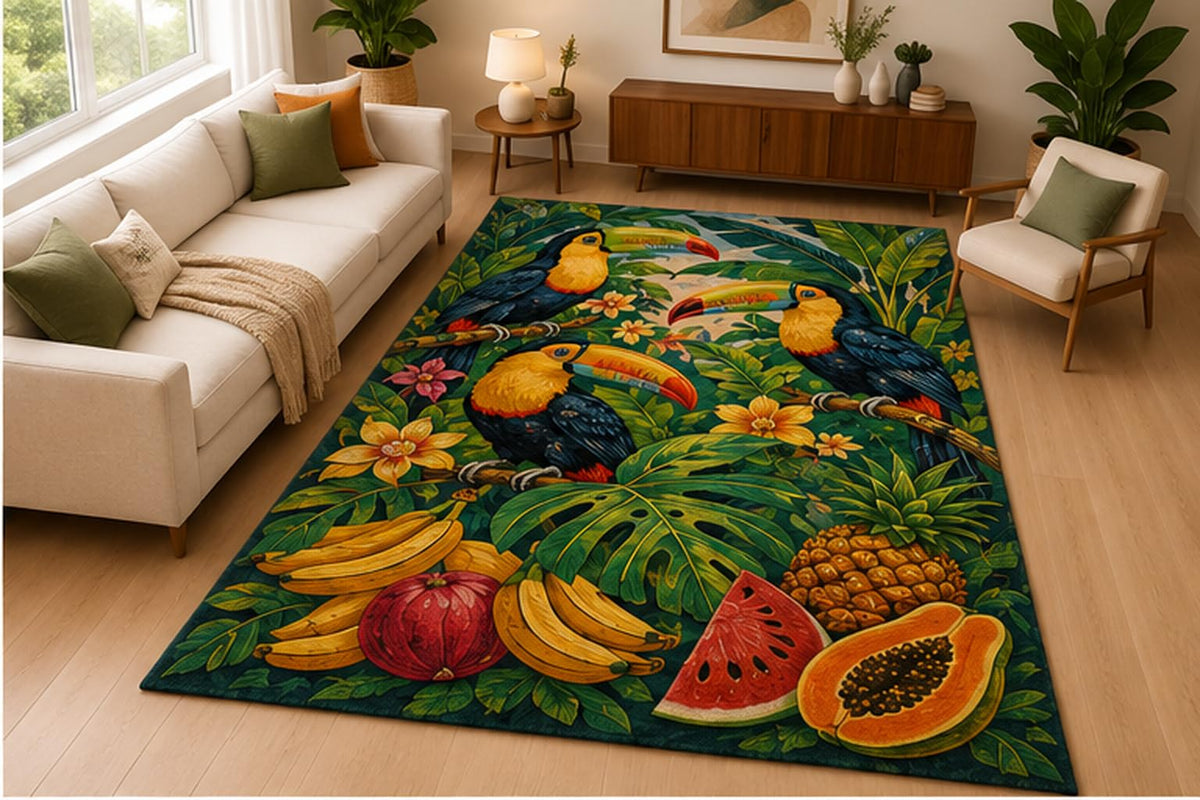 ICE ARMOR 5' x 7' Toucan Tropical Jungle Area Rug Soft Low Pile Indoor Rug with Non Slip Silicone Backing Exotic Bird Floral Decor Carpet for Living Room Bedroom Family Room Kids and Pets Green
