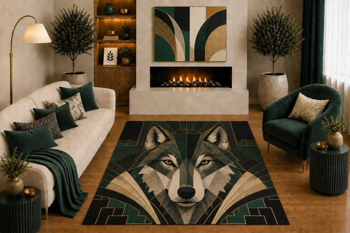 ICE ARMOR "Ultra Light Weight 5' x 7' Geometric Wolf Area Rug Art Deco Wildlife Portrait Art for Living Room Bedroom Office Cabin Decor Non-Slip Silicone Backing Low Pile
