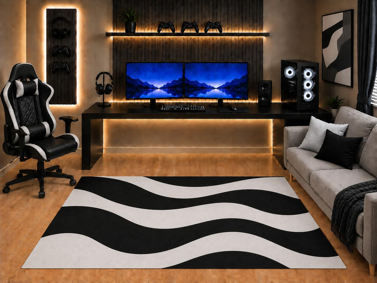 ICE ARMOR "Ultra Light Weight 5' x 7' Black White Horizontal Wave Area Rug Modern Abstract Stripe Design for Bedroom Gaming Room Living Room Non-Slip Silicone Backing Low Pile