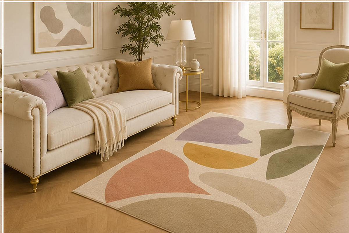 ICE ARMOR 5' x 7' Organic Shape Collage Area Rug for Living Room, Soft Low Pile Floor Cover with Non-Slip Silicone Backing for Bedroom, Dining Space, Office, Kids and Pets