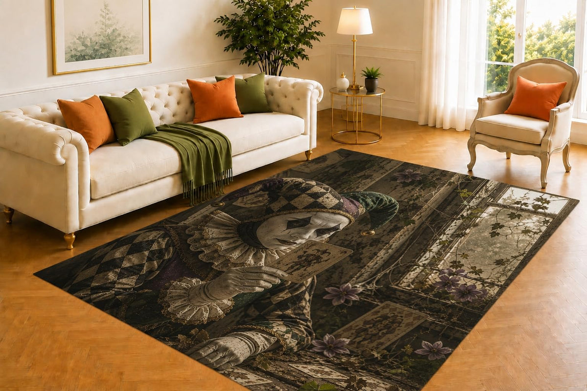 ICE ARMOR 5' x 7' Harlequin Card Rug, Smiling Jester Mask and Playing Deck Artwork, Smooth Printed Floor Cover for Game Room, Office, Study and Carnival Decor
