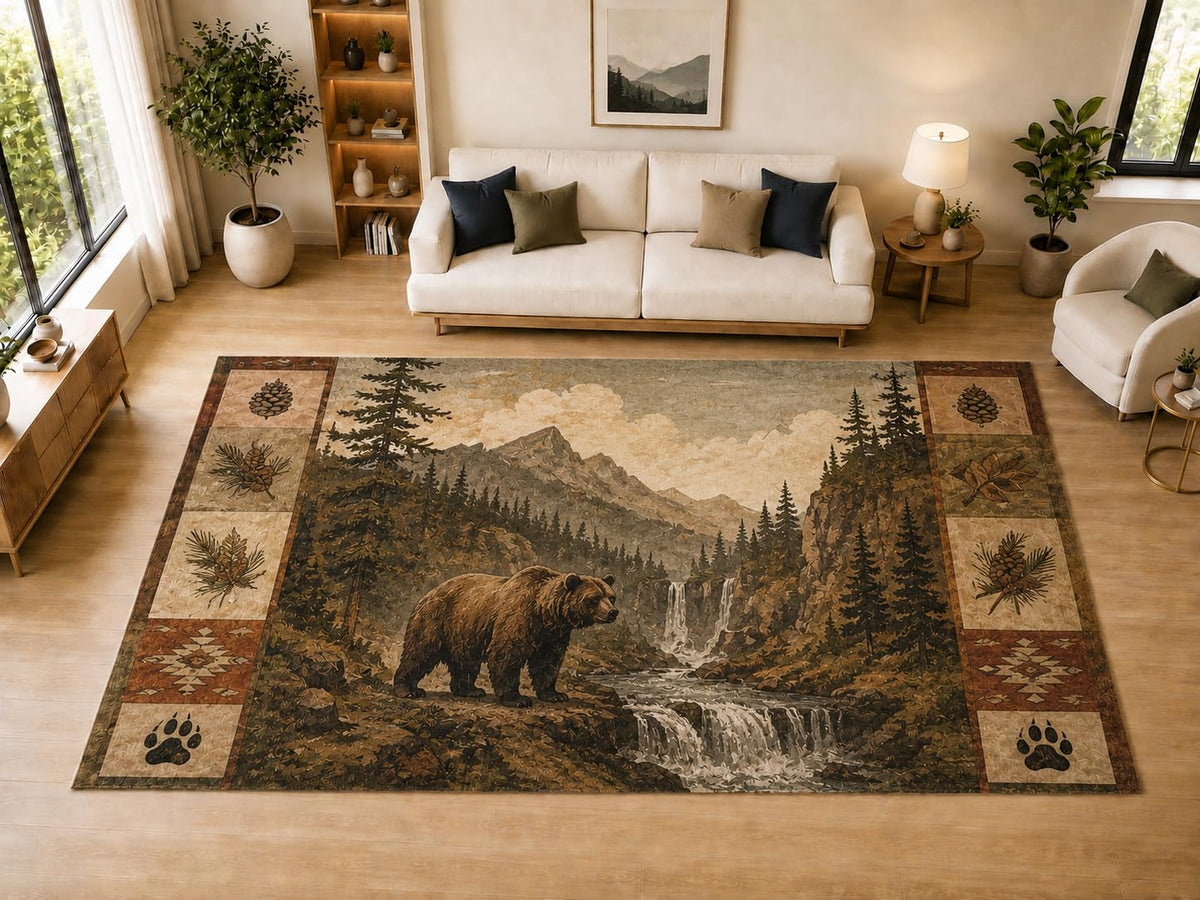 ICE ARMOR "Ultra Light Weight Large 6'7" x 9'10" Bear Falls, Living Room, Bedroom, Dining Room, Office, Family Room, Soft Low Pile Indoor Rug, Non-Slip Silicone Backing, Brown