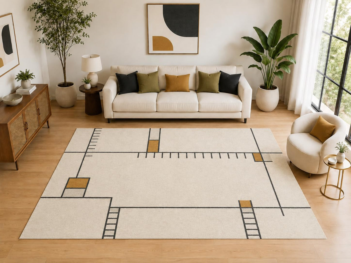 ICE ARMOR Large 6'7" x 9'10" Linear Ladder Geometric Area Rug for for Bedroom, Living Room, Soft Low Pile Indoor Rug with Non-Slip Silicone Backing, Ivory Charcoal Mustard