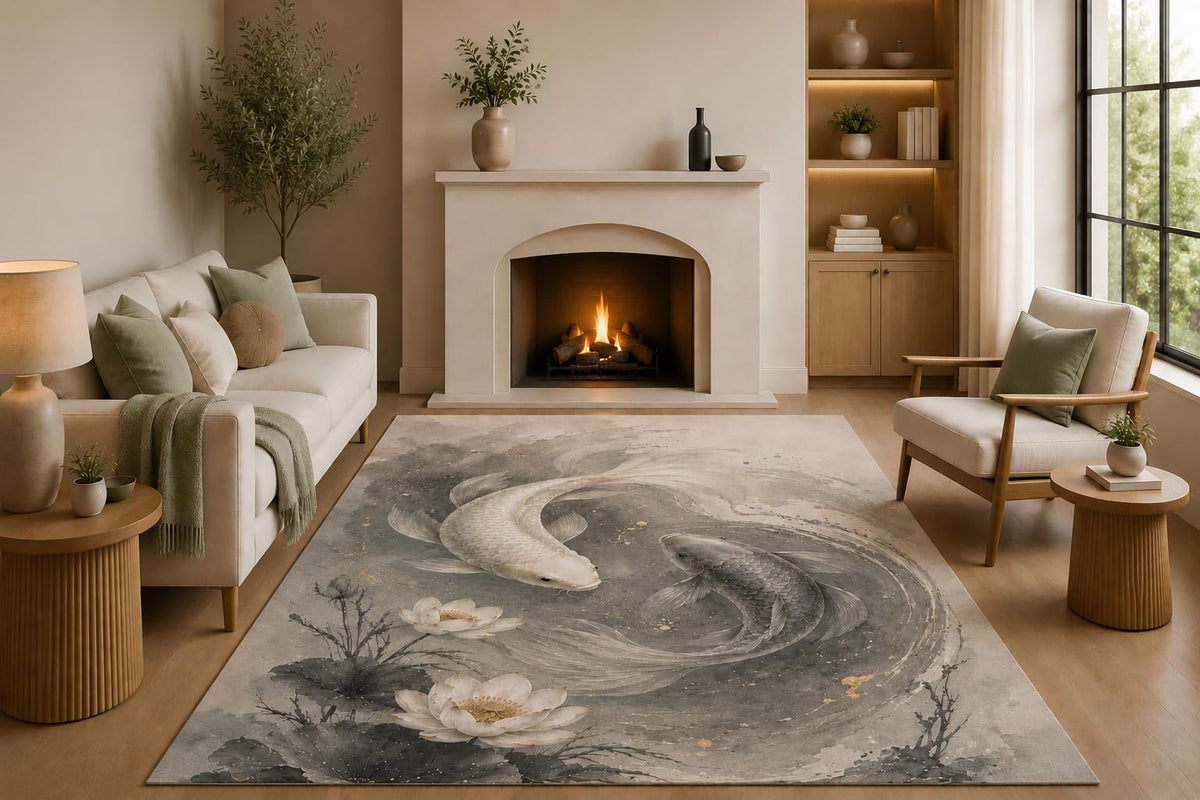 ICE ARMOR 5' x 7' Yin Yang Koi Fish Area Rug with Non-Slip Silicone Backing Low Pile Soft Carpet for Living Room Bedroom Lotus Zen Japanese Decor