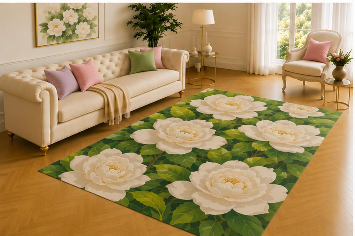 ICE ARMOR 5' x 7' White Peony Rug, Large Ivory Blossoms Resting Among Layered Green Leaves, Elegant Decorative Mat for Living Area, Vanity Room or Bridal Suite