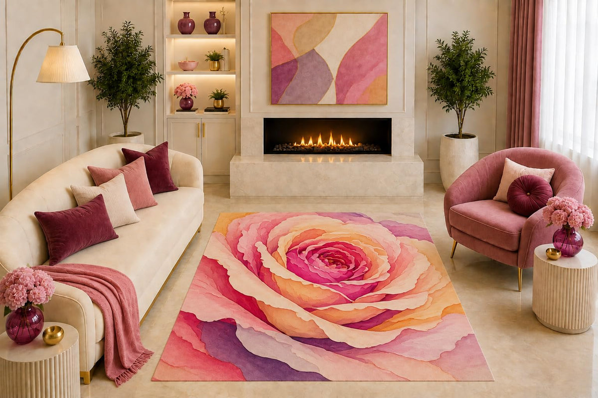 ICE ARMOR "Ultra Light Weight 5' x 7' Oversized Pink Rose Area Rug Romantic Floral Art Peach Purple for Living Room Bedroom Girls Room Non-Slip Silicone Backing Low Pile