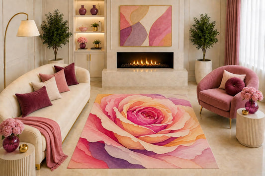 ICE ARMOR "Ultra Light Weight 5' x 7' Oversized Pink Rose Area Rug Romantic Floral Art Peach Purple for Living Room Bedroom Girls Room Non-Slip Silicone Backing Low Pile