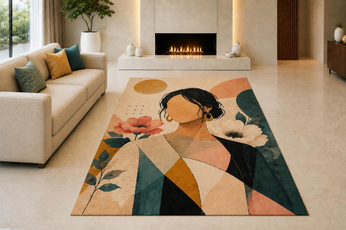ICE ARMOR "Ultra Light Weight 5' x 7' Geometric Floral Woman Area Rug for Living Room, Bedroom and Home Office, Soft Low Pile Carpet with Non-Slip Silicone Backing, Teal and Beige