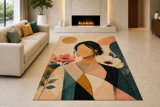 ICE ARMOR "Ultra Light Weight 5' x 7' Geometric Floral Woman Area Rug for Living Room, Bedroom and Home Office, Soft Low Pile Carpet with Non-Slip Silicone Backing, Teal and Beige