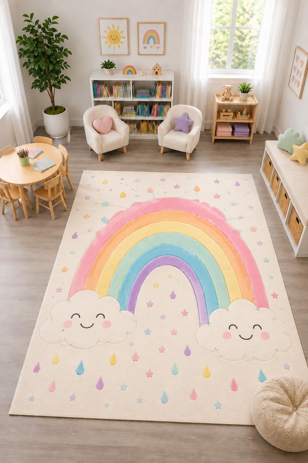 ICE ARMOR "Ultra Light Weight Large 6'7" x 9'10" Rainbow Cloud Raindrop Rug, Soft Low Pile Indoor Rug, Non-Slip Silicone Backing for Nursery Pastel