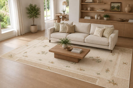 ICE ARMOR Large 6'7" x 9'10" Cream and Beige Tiny Meadow Floral Area Rug for Living Room, Soft Low Pile Carpet with Non-Slip Silicone Backing, Decor for Bedroom and Home Office