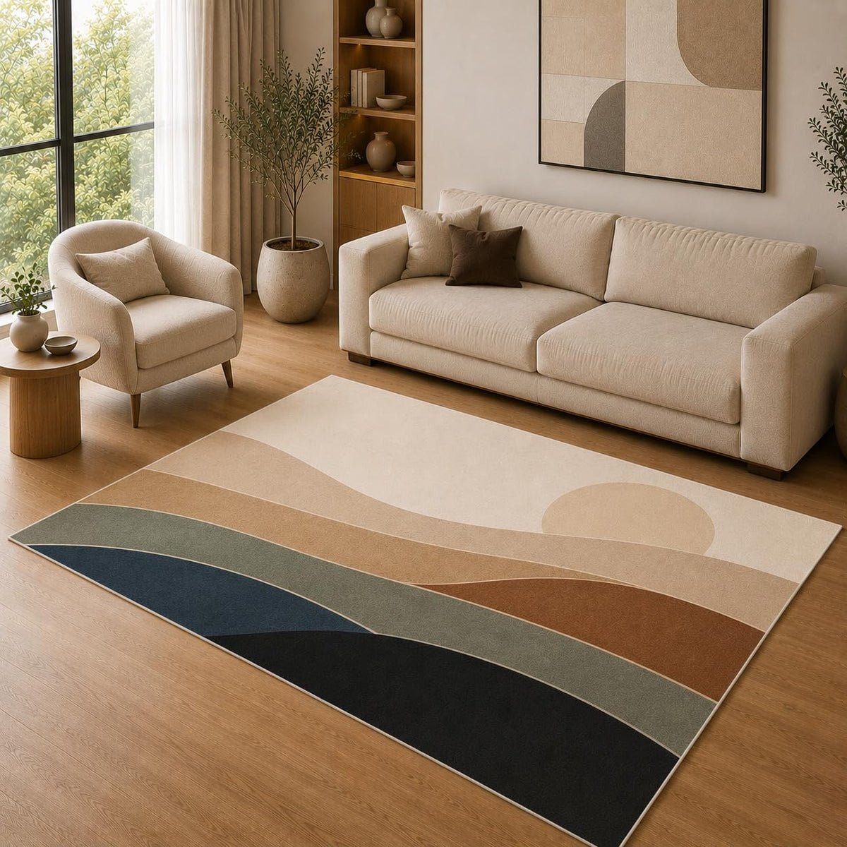 ICE ARMOR 5' x 7' Modern Wavy Abstract Area Rug for Living Room, Soft Low Pile Indoor Rug with Non-Slip Silicone Backing, Decorative Carpet for Bedroom, Office, Family Room, Beige