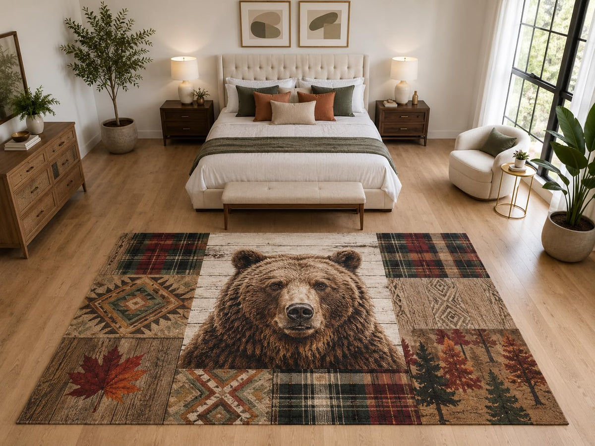 ICE ARMOR "Ultra Light Weight Large 6'7" x 9'10" Grizzly Bear Patchwork Rug, Soft Low Pile Indoor Rug, Non-Slip Silicone Backing for Bedroom Brown
