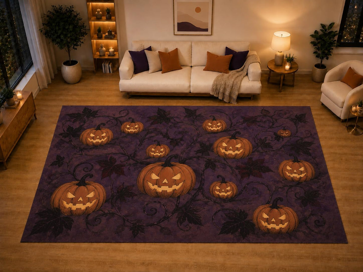 ICE ARMOR "Ultra Light Weight Large 6'7" x 9'10" Jack O Lantern Pumpkin Vine Area Rug for Living Room Bedroom, Soft Low Pile Non-Slip Backing, Purple Orange Halloween Decor