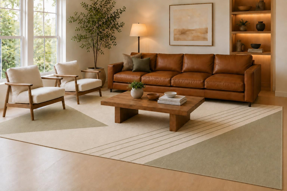 ICE ARMOR Large 6'7" x 9'10" Sage, Beige and Cream Corner Blocks Area Rug for Living Room, Soft Low Pile Carpet with Non-Slip Silicone Backing, Floor Decor for Bedroom, Dining Area and Home Office