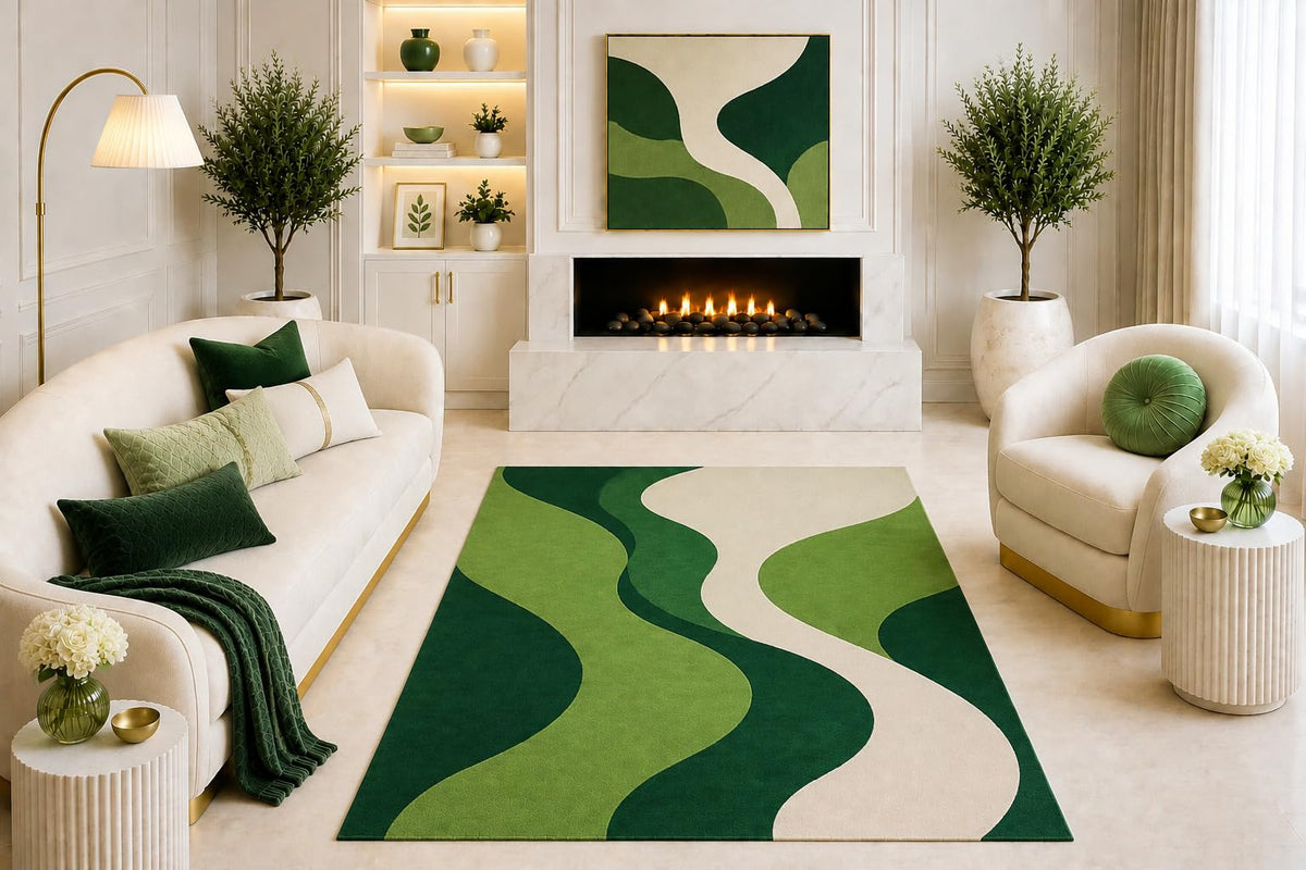 ICE ARMOR "Ultra Light Weight 5' x 7' Green Abstract Wave Area Rug, Modern Organic Geometric Design for Living Room Bedroom Dining Room, Non-Slip Silicone Backing Low Pile