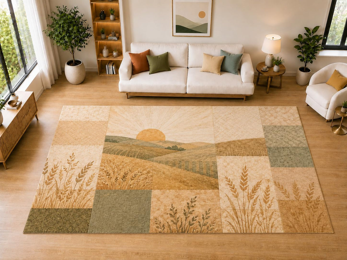 ICE ARMOR "Ultra Light Weight Large 6'7" x 9'10" Wheat Field Patchwork Area Rug for Dining, Living Room, Bedroom, Soft Low Pile Indoor Rug with Non-Slip Silicone Backing, Beige Sage
