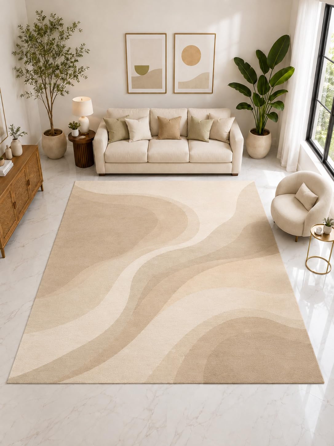 ICE ARMOR Large 6'7" x 9'10" Modern Geometric Block Area Rug, Soft Low Pile Indoor Rug with Non-Slip Silicone Backing for Living Room Office, Beige Gray