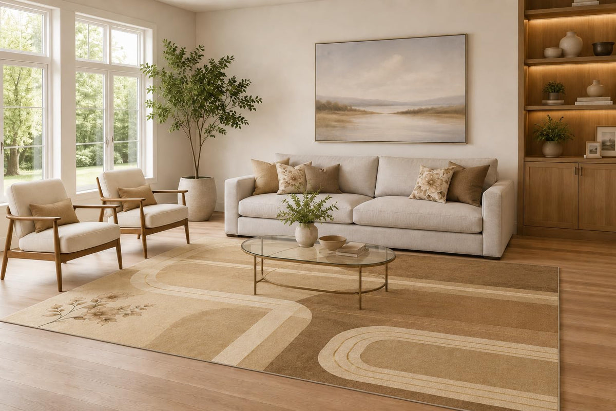 ICE ARMOR Large 6'7" x 9'10" Camel and Beige Floral Curves Area Rug for Living Room, Soft Low Pile Carpet with Non-Slip Silicone Backing, Decor for Bedroom and Home Office