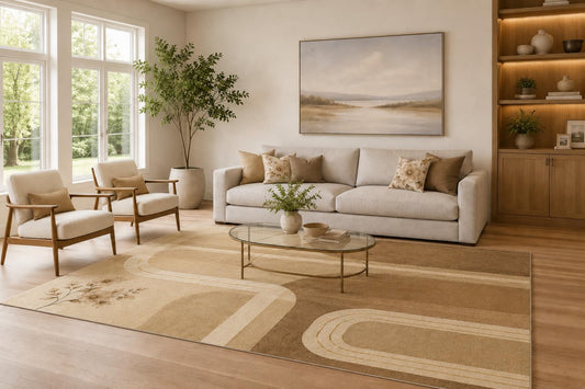 ICE ARMOR Large 6'7" x 9'10" Camel and Beige Floral Curves Area Rug for Living Room, Soft Low Pile Carpet with Non-Slip Silicone Backing, Decor for Bedroom and Home Office