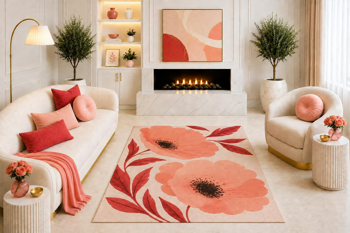 ICE ARMOR "Ultra Light Weight 5' x 7' Coral Poppy Floral Area Rug, Modern Botanical Flower and Leaf Design for Living Room Bedroom Dining Room, Non-Slip Silicone Backing Low Pile