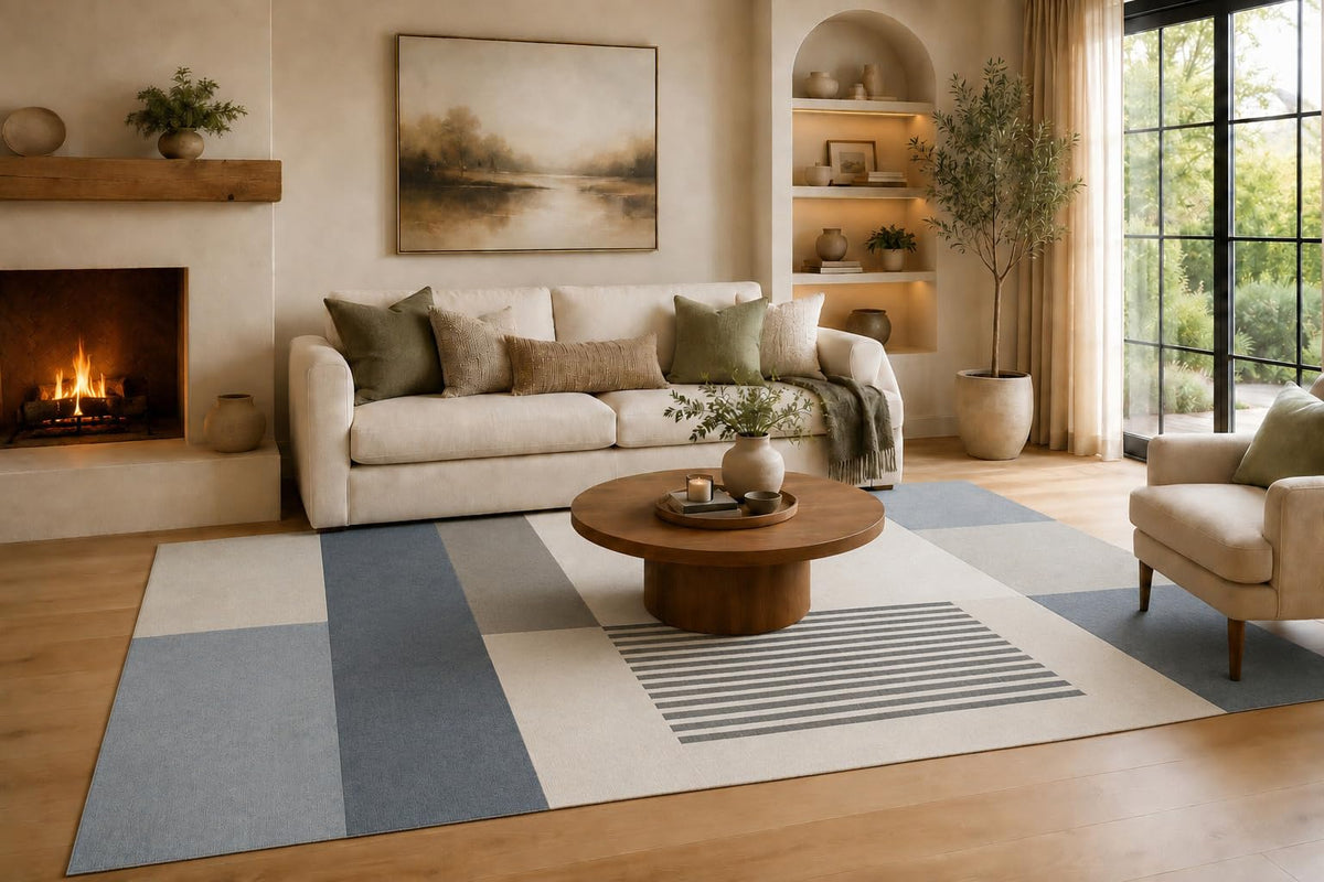 ICE ARMOR Large 6'7" x 9'10" Blue and Gray Linear Patchwork Area Rug for Living Room, Soft Low Pile Carpet with Non-Slip Silicone Backing, Decor for Bedroom, Dining Area and Home Office