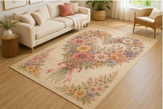 ICE ARMOR 5' x 7' Romantic Floral Heart Bouquet Area Rug for Living Room, Soft Low Pile Indoor Rug with Non-Slip Silicone Backing, Decorative Carpet for Bedroom, Family Room, Cream Multicolor