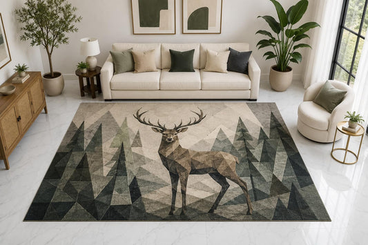ICE ARMOR "Ultra Light Weight Large 6'7" x 9'10" Stag Forest Area Rug Carpet Soft Low Pile Indoor Rug and Non-Slip Silicone Backing Living Room Green