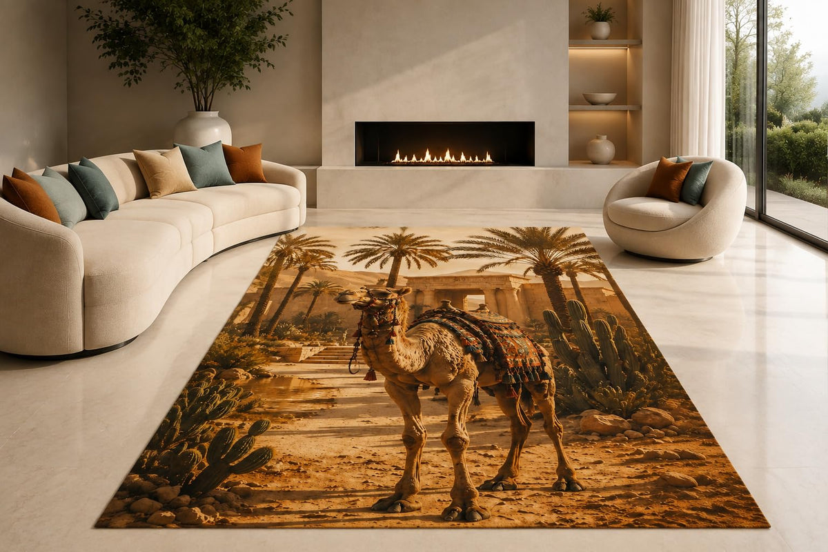 ICE ARMOR "Ultra Lightweight Large 6'7" x 9'10" Desert Camel Oasis Area Rug for Living Room, Bedroom and Home Office, Soft Low Pile Carpet with Non-Slip Silicone Backing, Brown and Amber