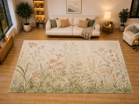 ICE ARMOR "Ultra Light Weight Large 6'7" x 9'10" Delicate Meadow Bloom Area Rug for Living Room, Bedroom, Dining Room, Soft Low Pile Non-Slip Backing, Blush Sage