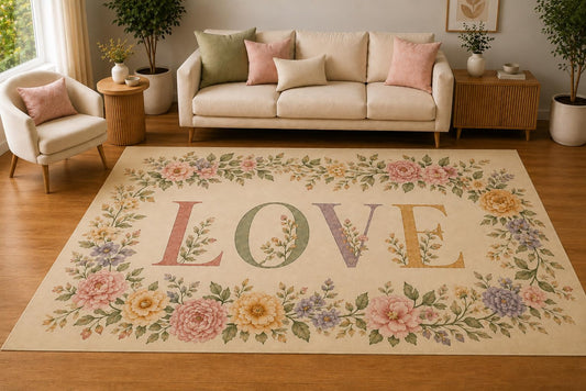 ICE ARMOR 5' x 7' Vintage Floral Wreath Love Area Rug, Soft Low Pile Indoor Rug with Non-Slip Silicone Backing, Decorative Carpet for Living Room, Bedroom, Dining Room, Beige Pastel