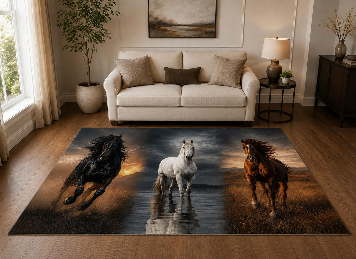 ICE ARMOR "Ultra Light Weight 5' x 7' Wild Horse Trio Area Rug for Living Room, Bedroom and Home Office, Soft Low Pile Carpet with Non-Slip Silicone Backing, Black and White