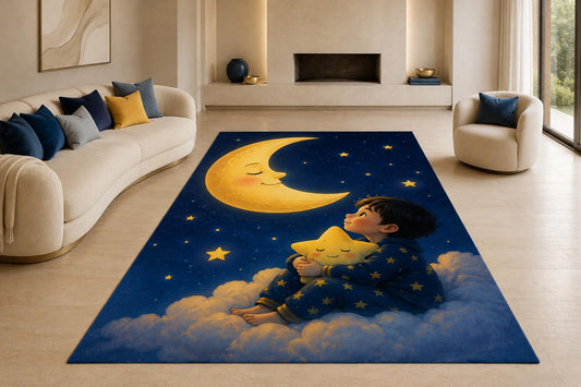 ICE ARMOR "Ultra Lightweight Large 6'7" x 9'10" Moon and Star Cuddle Area Rug for Living Room, Bedroom and Home Office, Soft Low Pile Carpet with Non-Slip Silicone Backing, Blue and Yellow