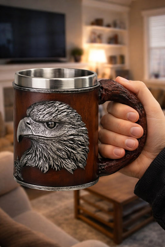 ICE ARMOR Farmhouse Style 6" W Eagle Stainless Steel/Resin Beer Mug Tankard – Vintage Drinkware Cup for Beer, Coffee, Juice, Ale & Beverages, Rustic Barware (Wash by hand only)
