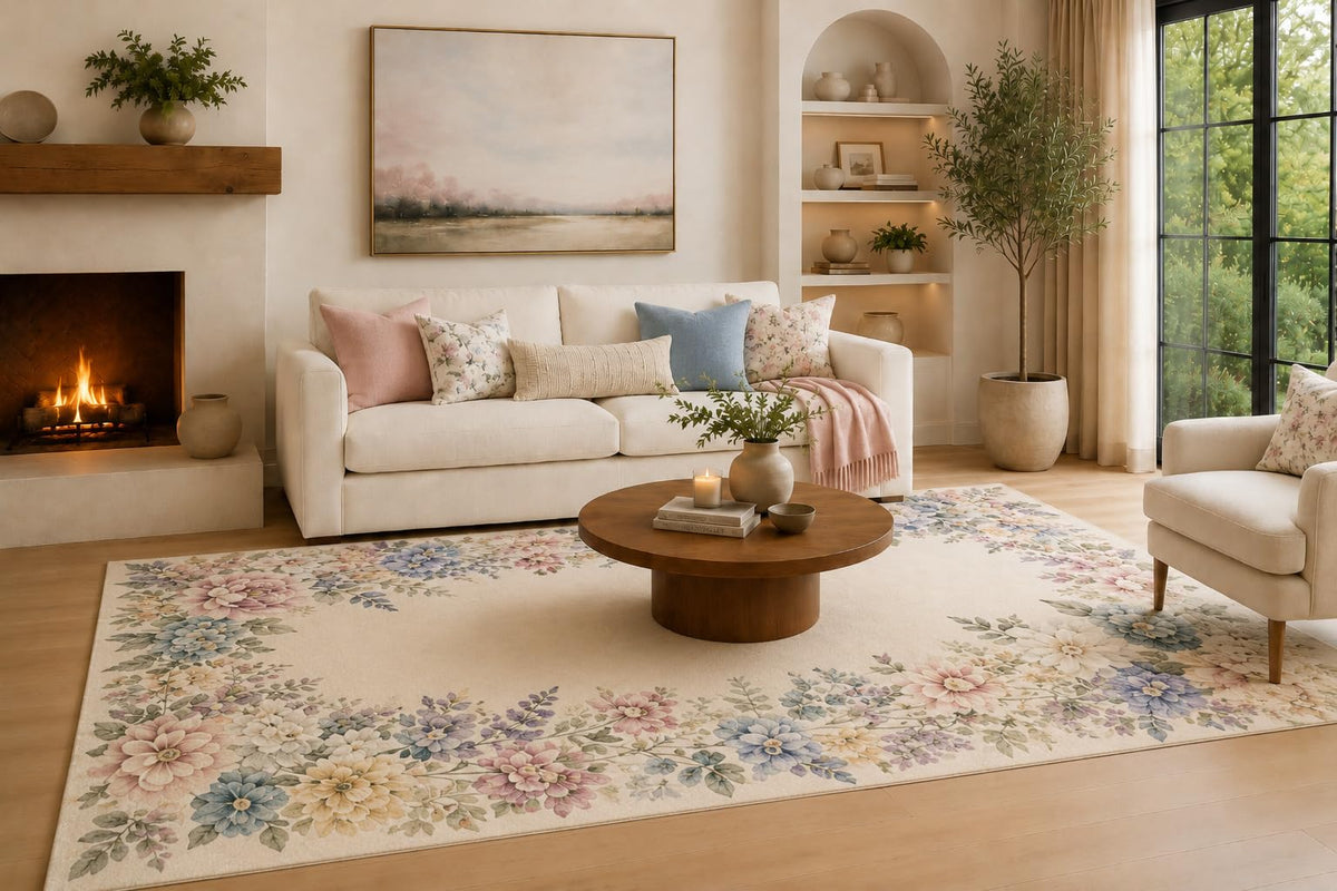 ICE ARMOR Large 6'7" x 9'10" Blush and Blue Pastel Floral Border Area Rug for Living Room, Soft Low Pile Carpet with Non-Slip Silicone Backing, Decor for Bedroom and Home Office