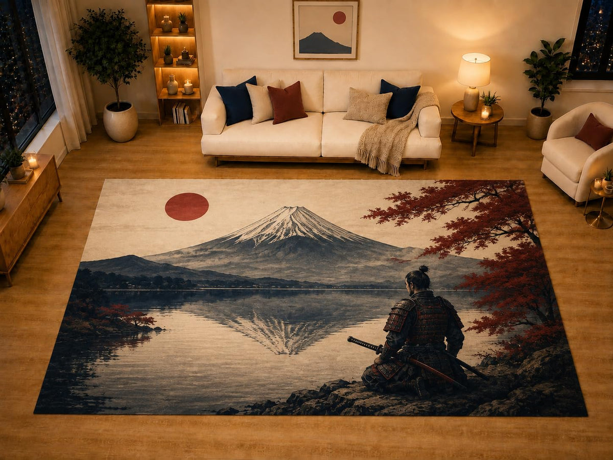 ICE ARMOR "Ultra Light Weight Large 6'7" x 9'10" Mount Fuji Lakeside Warrior Area Rug for Living Room Bedroom Dining Area, Soft Low Pile Non-Slip Backing, Beige Blue Red Asian Inspired Decor