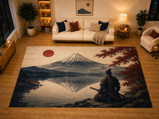 ICE ARMOR "Ultra Light Weight Large 6'7" x 9'10" Mount Fuji Lakeside Warrior Area Rug for Living Room Bedroom Dining Area, Soft Low Pile Non-Slip Backing, Beige Blue Red Asian Inspired Decor