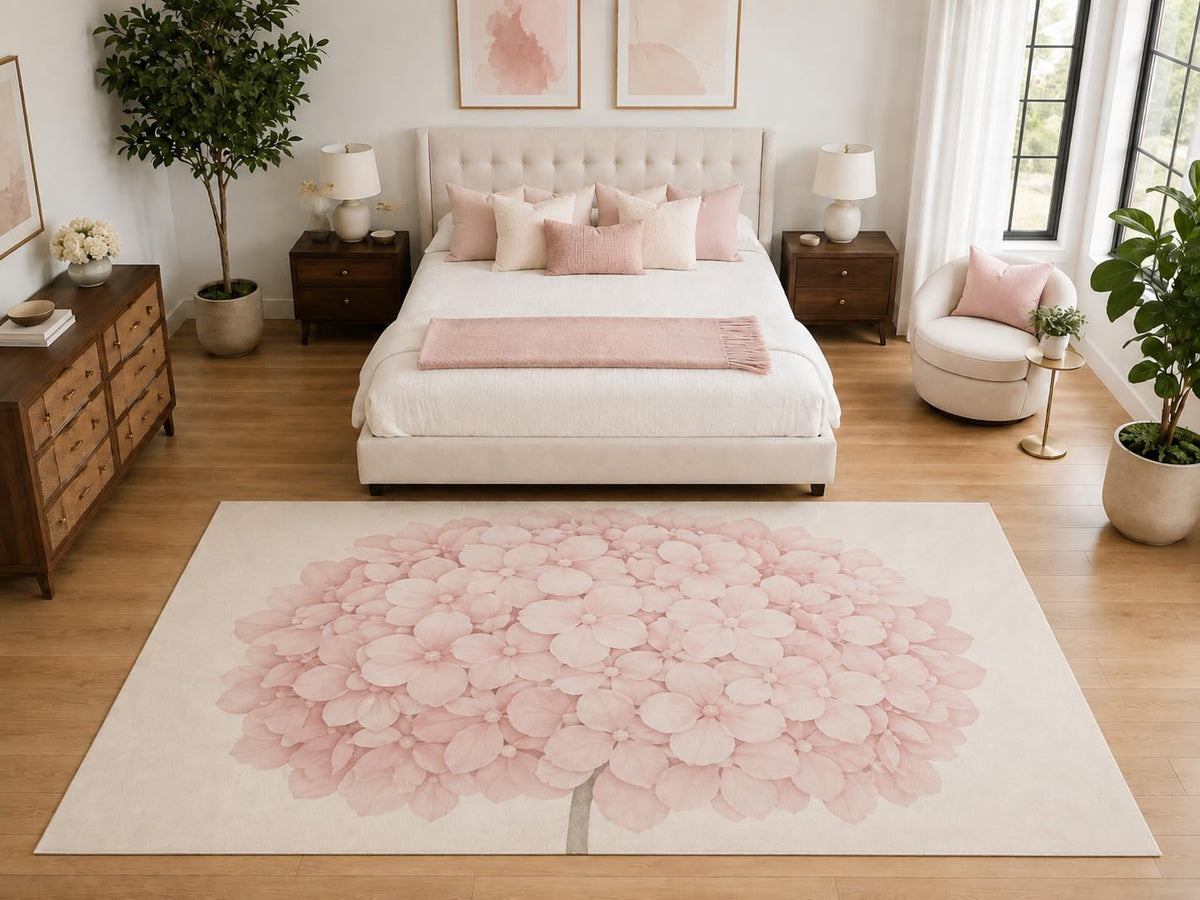 ICE ARMOR "Ultra Light Weight Large 6'7" x 9'10" Blush Hydrangea Flower Rug, Soft Low Pile Indoor Rug, Non-Slip Silicone Backing for Bedroom Pink